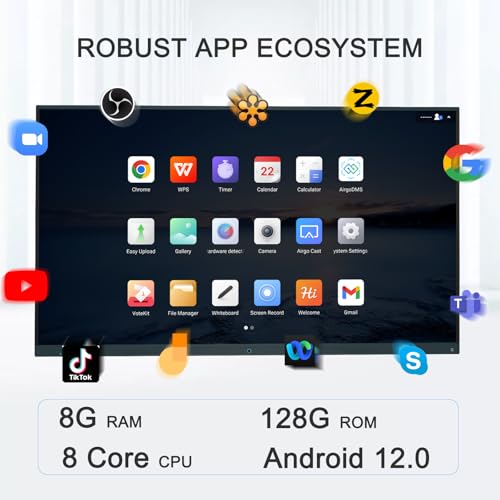 65 Inch Smart Board, 4K Touch Screen Digital White Board Built in Android 12.0 8+128G, All-in-One Smart Interactive Whiteboard for Classroom Home and Business (Board+Wall Mount)