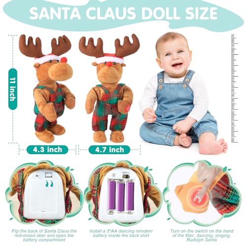 SdeNow Dancing Singing Rudolph Santa Red Nosed Reindeer Toy Tweaking Santa Claus Animated Musical Plush Santa Claus Doll