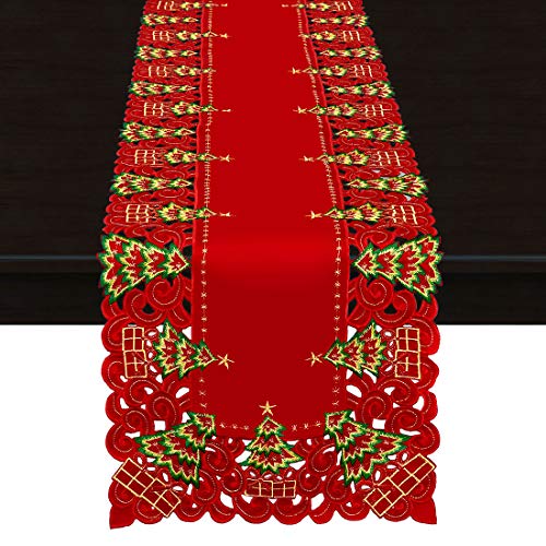 Grelucgo Embroidered Christmas Holiday Holly Tree Table Runner, Dresser Scarf, Rectangular 16 x 72 Inch