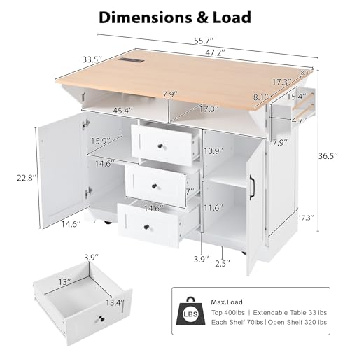 55.7'' Large Kitchen Island with 2 Drop Leaves, Rolling Kitchen Cart on 5 Wheels with Power Outlet, Folding Storage Dining Table with Spice & Towel Rack, 3 Drawers for Dining Room
