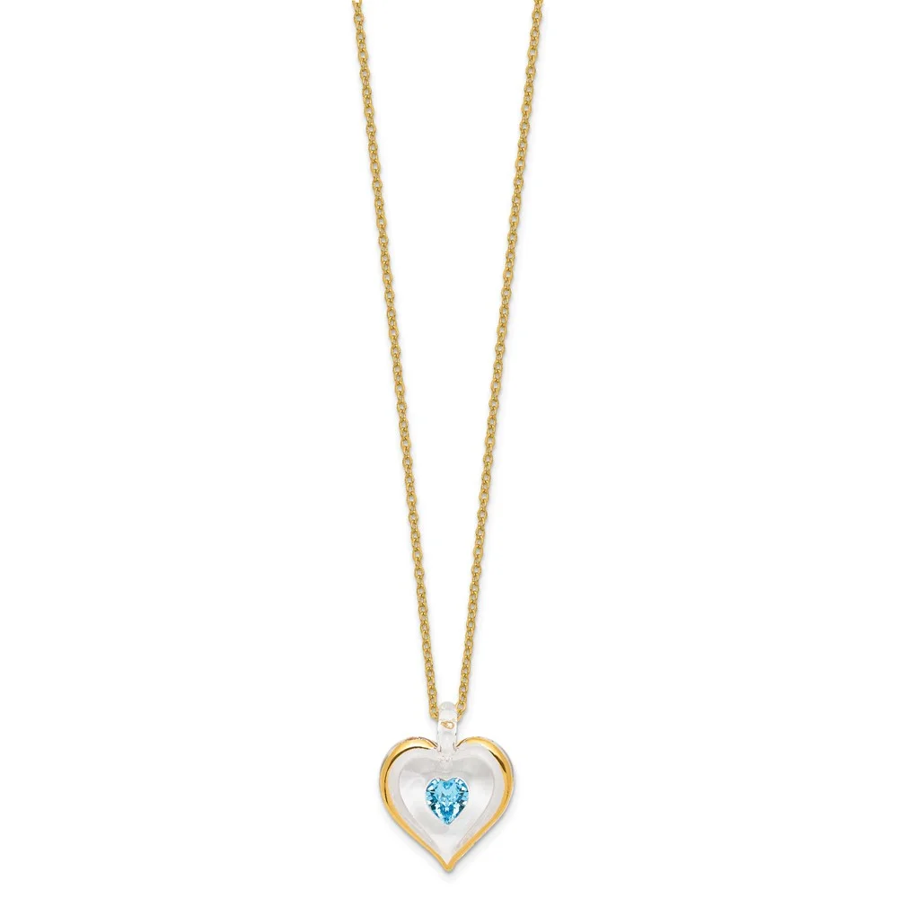 Glass Baron 22K Accent Gilding Gold-trim Glass with Blue March Birthstone Crystal from Swarovski Heart 18 inch Gold-tone Necklace GM9402