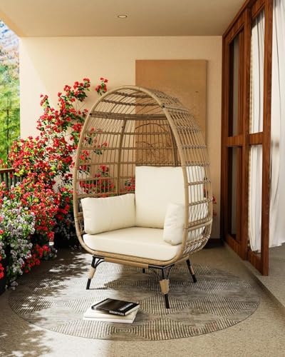 GAOMON Egg Chair, Oversized Wicker Outdoor Chairs with Luxury Cushions, 350LBs Capacity Steel Frame Patio Lounge Chaise for Indoor/Outdoor Use for Balcony, Living Room, Patio, White
