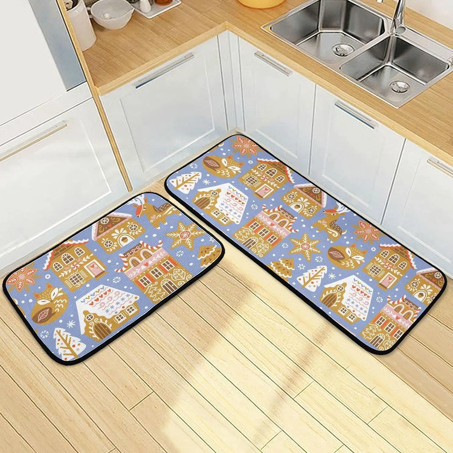 Bestwell Christmas Cookies Houses Kitchen Mats Set of 2, Xmas Gingerbread Anti Fatigue Floor Runner Rug Non Slip Comfort Mat for Living Room Laundry Room Hallway