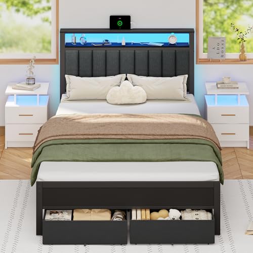 Furnulem Twin Bed Frames with Charging Station and LED Lights, Grey Upholstered Headboard with Shelves, Metal Platform Bed with 2 Under-Bed Storage (Fabric Drawer on Wheels), No Box Spring Needed