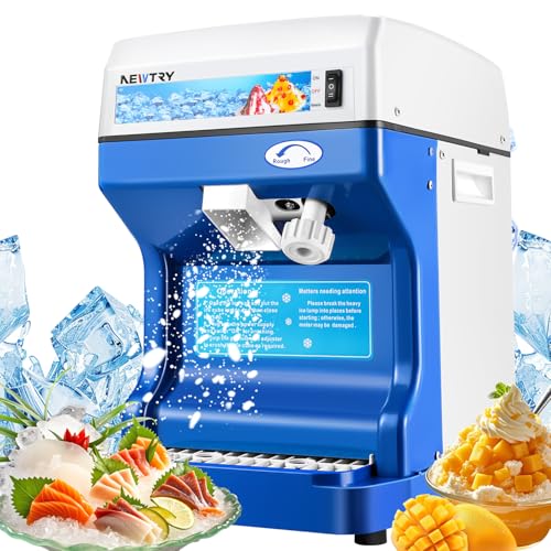 NEWTRY Commercial Ice Shaver Machine Electric Ice Cube Crusher Snow Cone Maker with Aluminum Alloy Blade Thickness Adjustable 260lb/h for Small Ice Cubes Summer Parties Bar Use 110V US