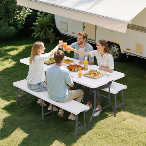 ZENY 6ft Plastic Folding Bench, Portable Outdoor Bench for Picnic Camping Dining Party Garden, Soccer Multipurpose Entertaining Activities, White