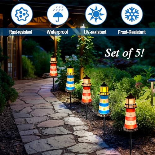 Solar Lighthouse Outdoor Garden,YY Gardenia The Lighthouse Gifts for Women,Pack 5 Lighthouses Solar Garden Lights Outdoor Waterproof