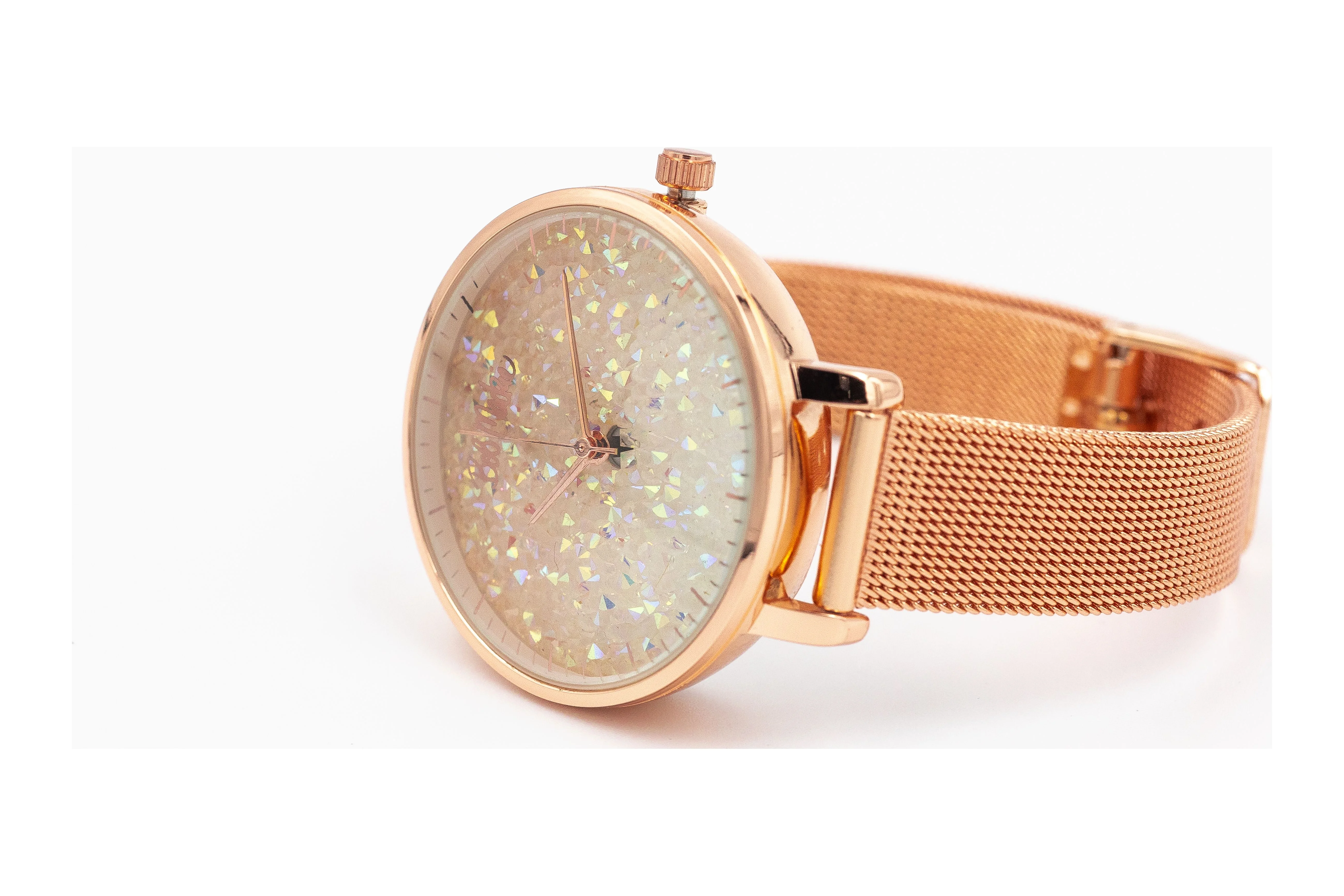 Bob Mackie Women's Rose Gold Glitter-Dial Mesh Strap Watch