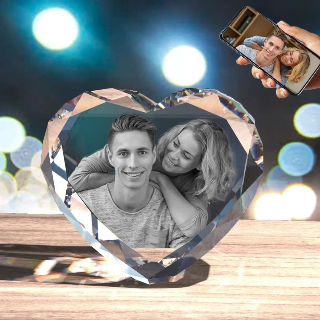 AISENIN 3D Crystal Photo Heart Shape Glass Engraved Crystal Gift Personalized Gift for Wedding Birthday Christmas Customized Engraved Crystal Etched Writing Without LED Base