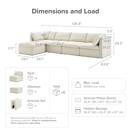 mopio Oversized Modular Sectional Sofa with Fully Removable Covers and Storage, Convertible U, L-Shaped and Sleeper Sectional, Modern Couches with Ottoman Chaise (Oat Fabric, 6 Seats, Sleeper)