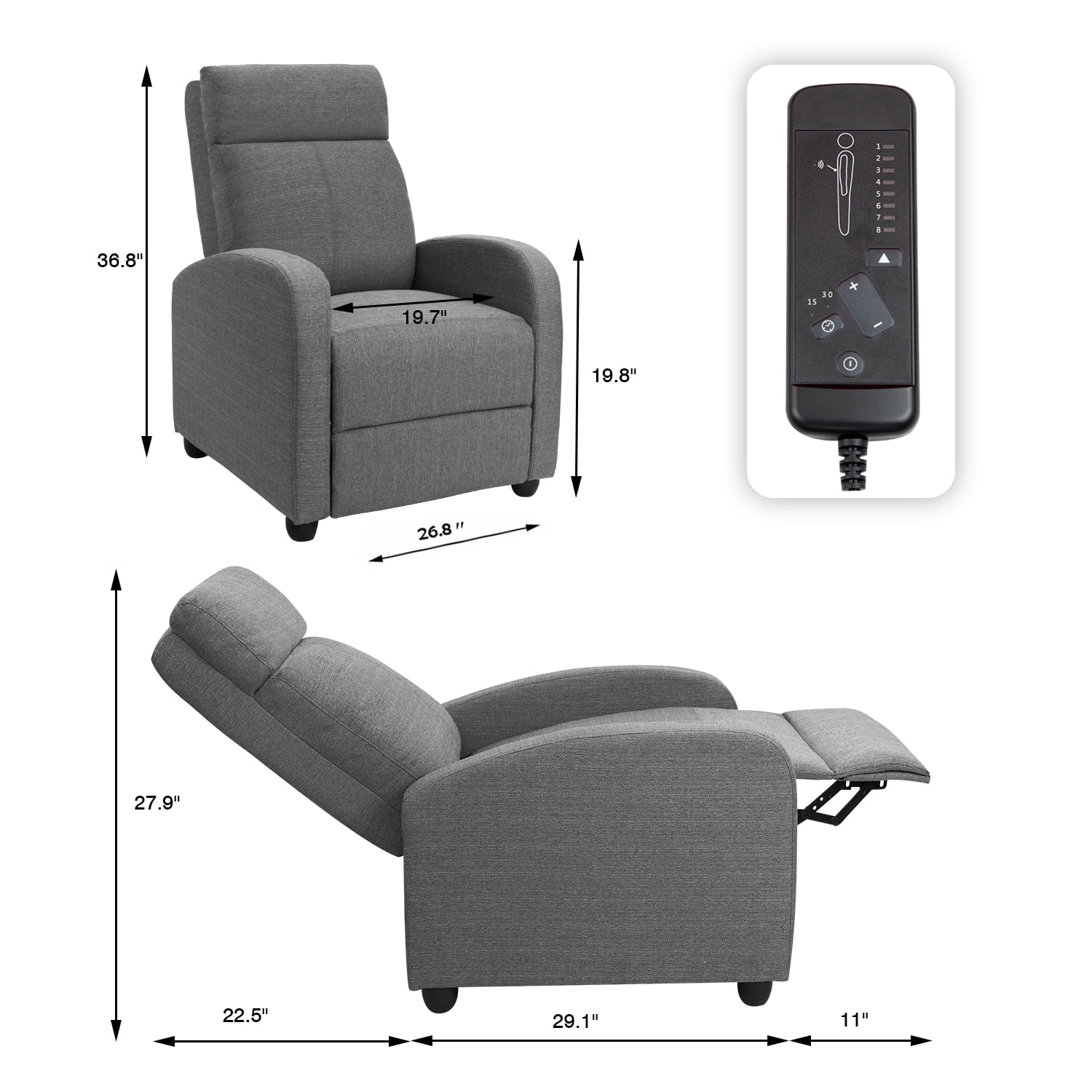 Vineego Fabric Single Massage Recliner Chair with Thick Seat Cushion and Backrest, Gray Fabric, Gray