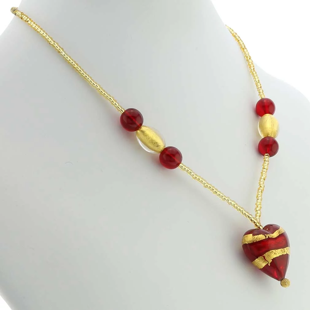 GlassOfVenice Murano Glass Heart Necklace - Gold and Red