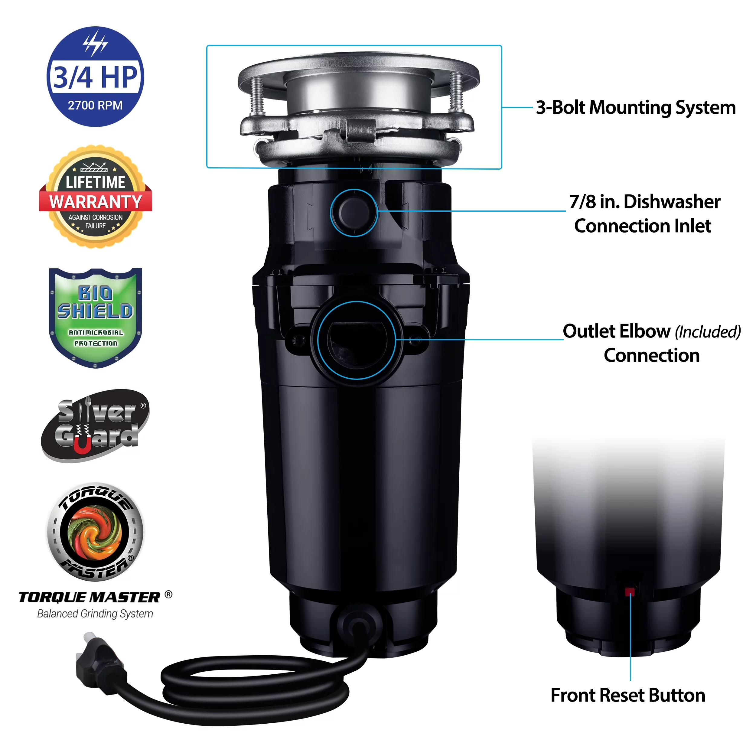 Waste Maid Kitchen Garbage Disposal, 3/4 HP, Slim Line, Black 10-US-WM-458-SL-3B