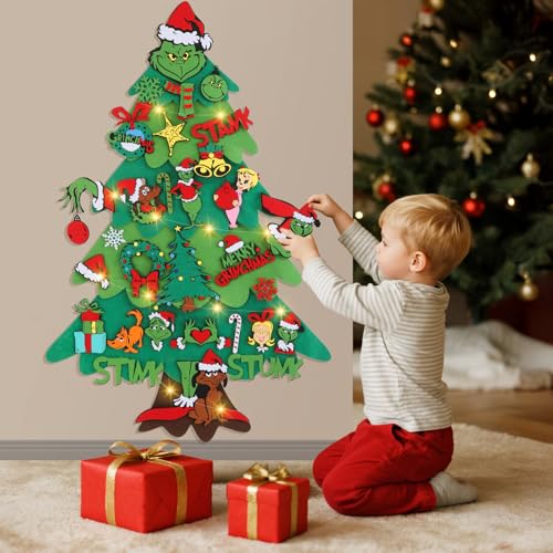 Prekus 3.6FT DIY Felt Christmas Tree for Kids – 30PCS Ornaments Wall Hanging Xmas Decoration with Hook, Children Activity Craft for Holiday Gifts, Reusable Christmas Felt Tree Set