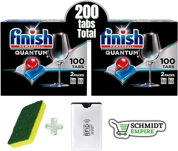 Finish Powerball Quantum Dishwasher Detergent Tabs, 100 count + Cleaning Sponge + 1 Card Protector SchmiidtEmpire + Sticker (100ct - Pack of 2)