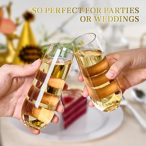 FOCUSLINE 24 Pack 9 Oz Plastic Stemless Gold Rim Champagne Flutes, Heavy Duty, Shatterproof, Disposable & Reusable Crystal Clear Toasting Glasses