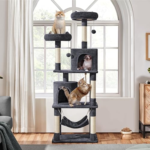 Yaheetech 62.5inches Cat Tree Cat Tower Cat Condo with Platform & Hammock, Scratching Posts for Kittens Pet Play House with Plush Perch for Indoor Activity Relaxing, Dark Gray