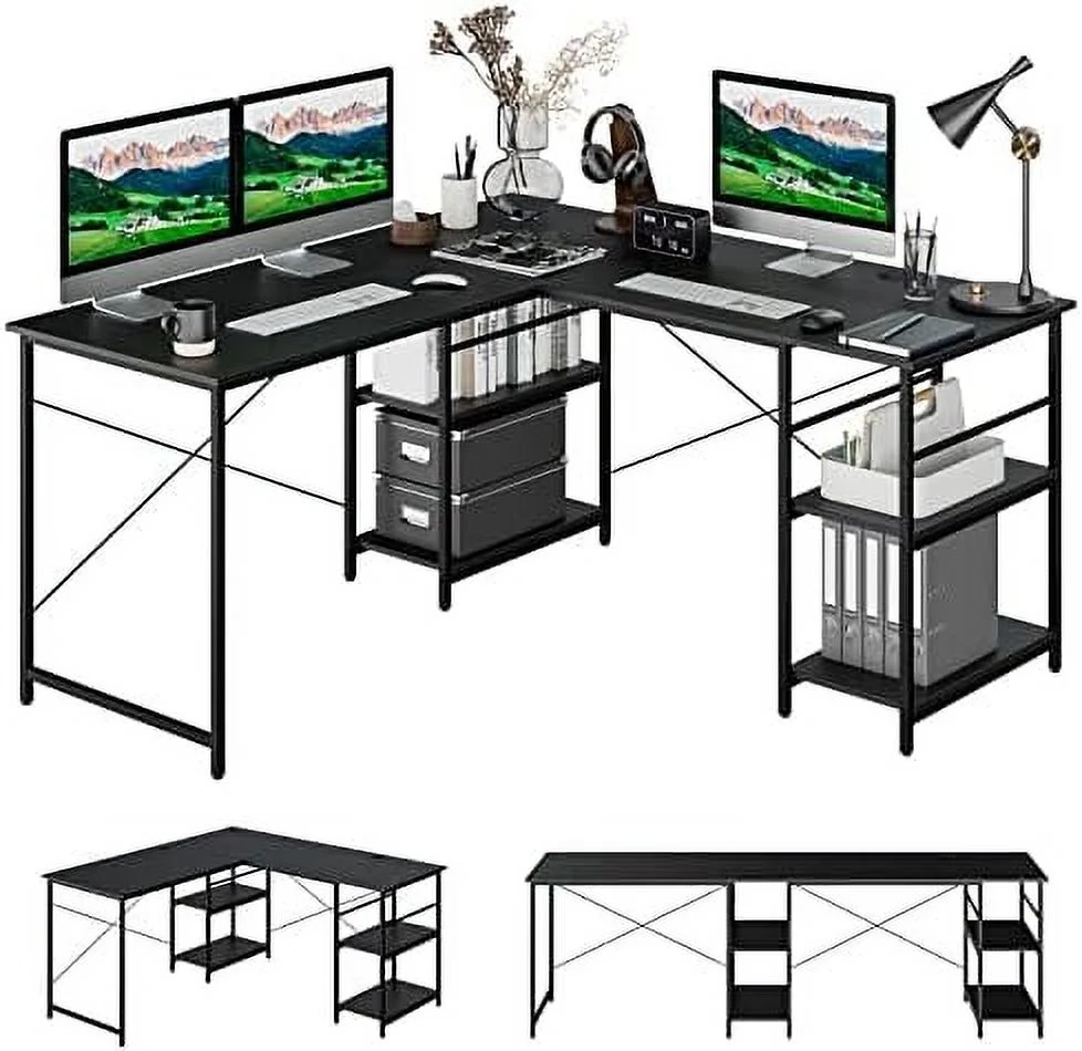 YZboomLife L Shaped Office Desk with  Shelves  Wooden Industrial L Shaped Corner Desk  95 Inch Long Desk for 2 Person  Large Computer Gaming Desk  Home Writing Study Desk (Grey)