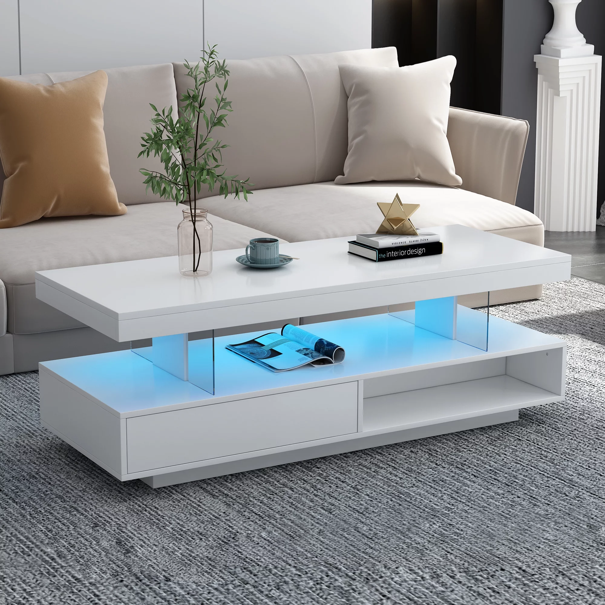 Churanty Rectangle LED Coffee Table with Storage,Modern White Coffee Table with LED Lights,Center Table with 2 Drawers and Display Shelves for Living Room