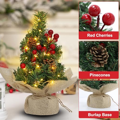 12 Inch Mini Tabletop Christmas Tree with Timer Lights, Artificial Christmas Trees with Pinecones Red Berries Xmas Tree for Home Office Fireplace Christmas Ornaments