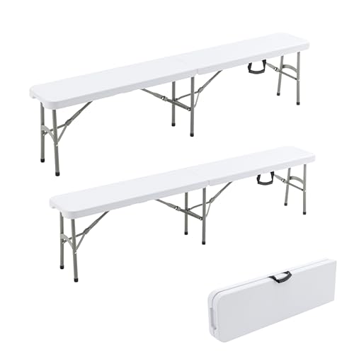BTEXPERT 6 feet Plastic Folding Bench Indoor Outdoor Portable Picnic Party Garden Dining Seat Camping Soccer Multipurpose Activities w/Handle UV Waterproof Steel Frame Stackable FoldnHalf