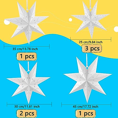 7 Pack 18 Inch/ 14 Inch/ 12 Inch/ 10 Inch 7 Pointed Christmas Paper Stars 3D Hollow Out Hanging Paper Star Lanterns Lampshade for Christmas Wedding Birthday Party Home Decor, 4 Size (Color Set 1)