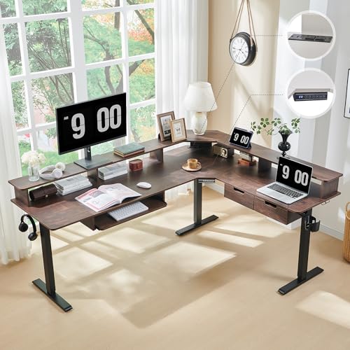 RedLemon 60 Inches L Shaped Electric Standing Desk, Height Adjustable Corner Gaming Desk with Drawers, Power Outlets & LED Lights, Computer Desk with Monitor Shelf, Carbon Fiber Black