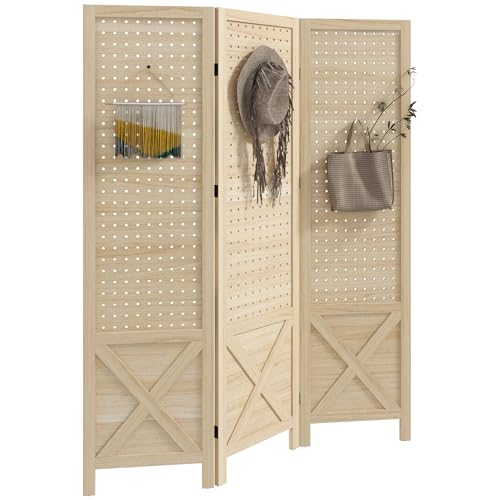 HOMCOM 4 Panel Pegboard Display Room Divider, 4.7' Tall Wood Folding Privacy Screen, Partition Wall Divider for Home Office, Natural