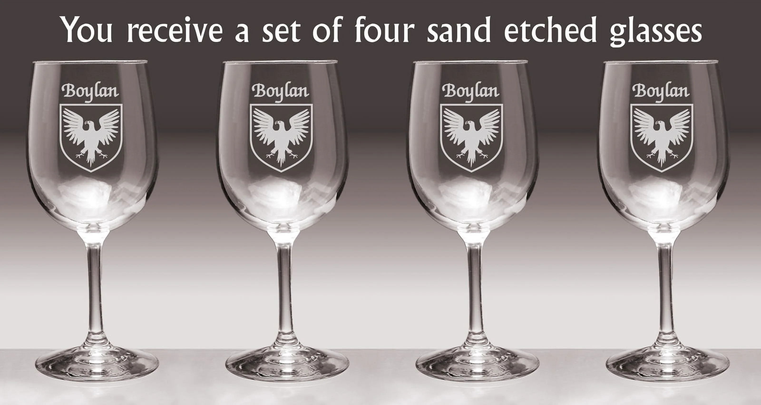 Boylan Irish Coat of Arms Wine Glasses - Set of 4 (Sand Etched)