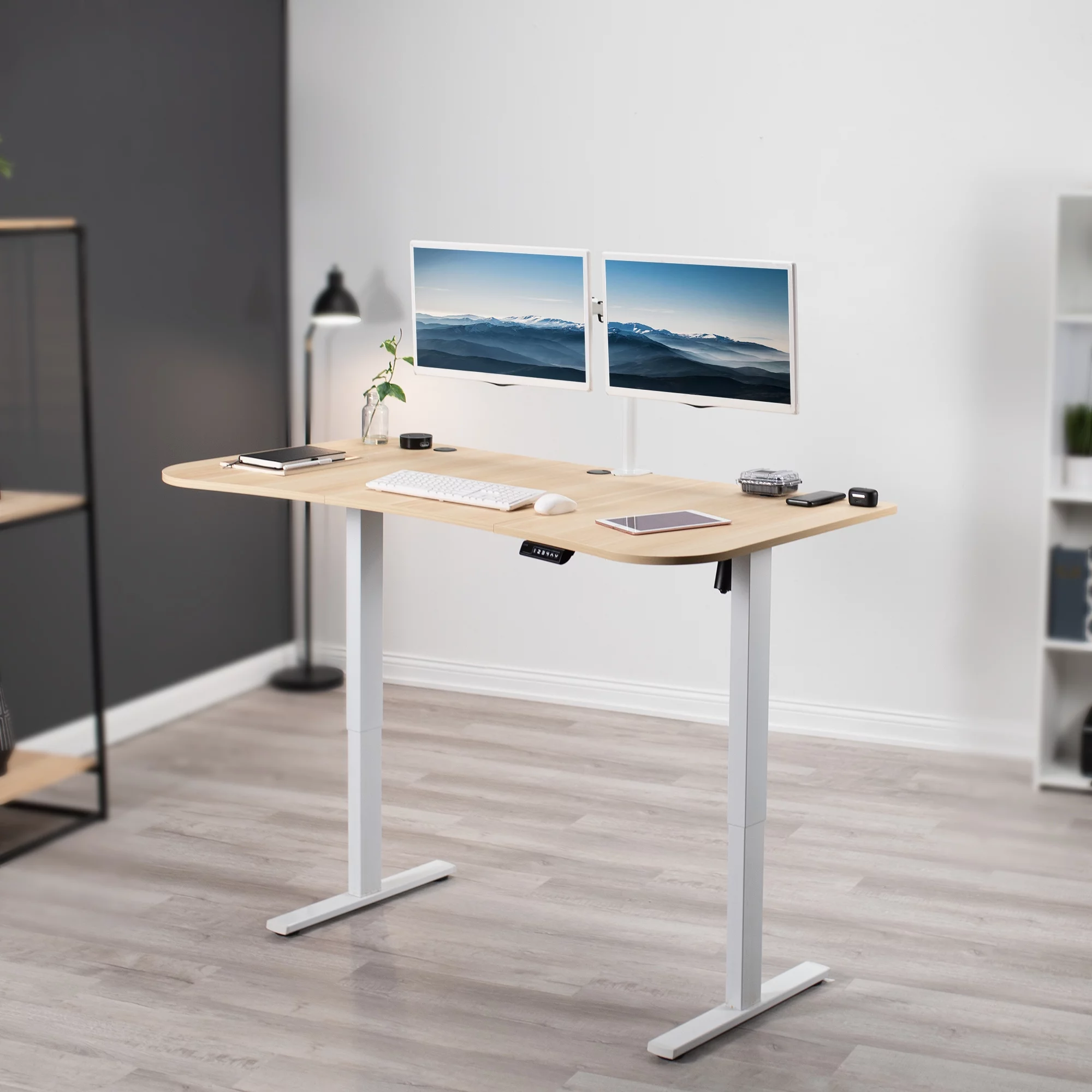 VIVO Electric 63” x 32” Stand Up Desk, Light Wood 3 Part Table Top, White Frame