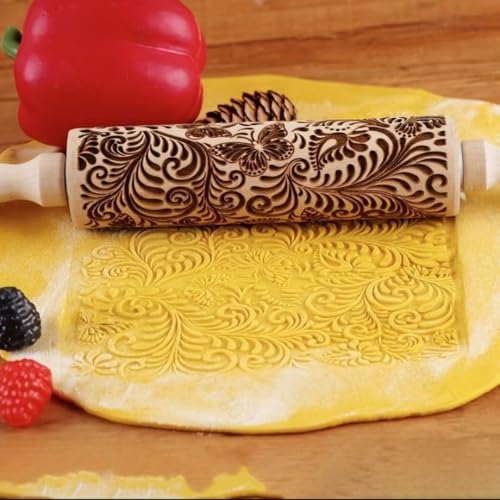 Floral Vine Embossed Rolling Pins for Cookies, Wooden Engraved Rolling Pins for Baking, Embossing Rolling Pins with Designs, Patterned Rolling Pin Decorative Springerle Mold Stamp Clay Pattern Roller