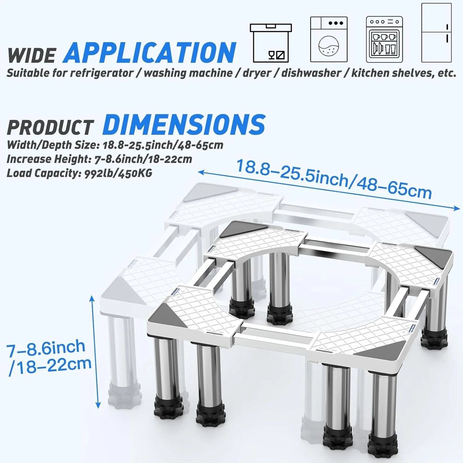 ‎SEISSO Heavy Duty Fridge Stand, 8 Stainless Steel Feet Increasing Height 7-8.6inch Dual Tube Washing Machine Pedestal Base Stand for Washer Dryer Refrigerator
