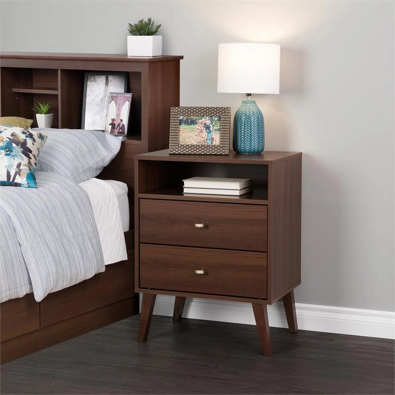 Home Square 2 Piece Wood Tall Nightstand Set with 2 Drawer in Cherry