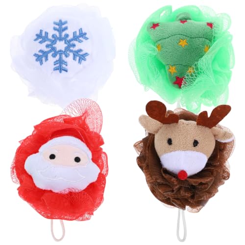POPETPOP 4 Pcs Christmas Exfoliating Loofah Bath Balls, Creative Christmas Style Body Scrubber, Santa Claus Shower Sponge, Body Scrubber Exfoliator for Kids Women Gentle Cleansing