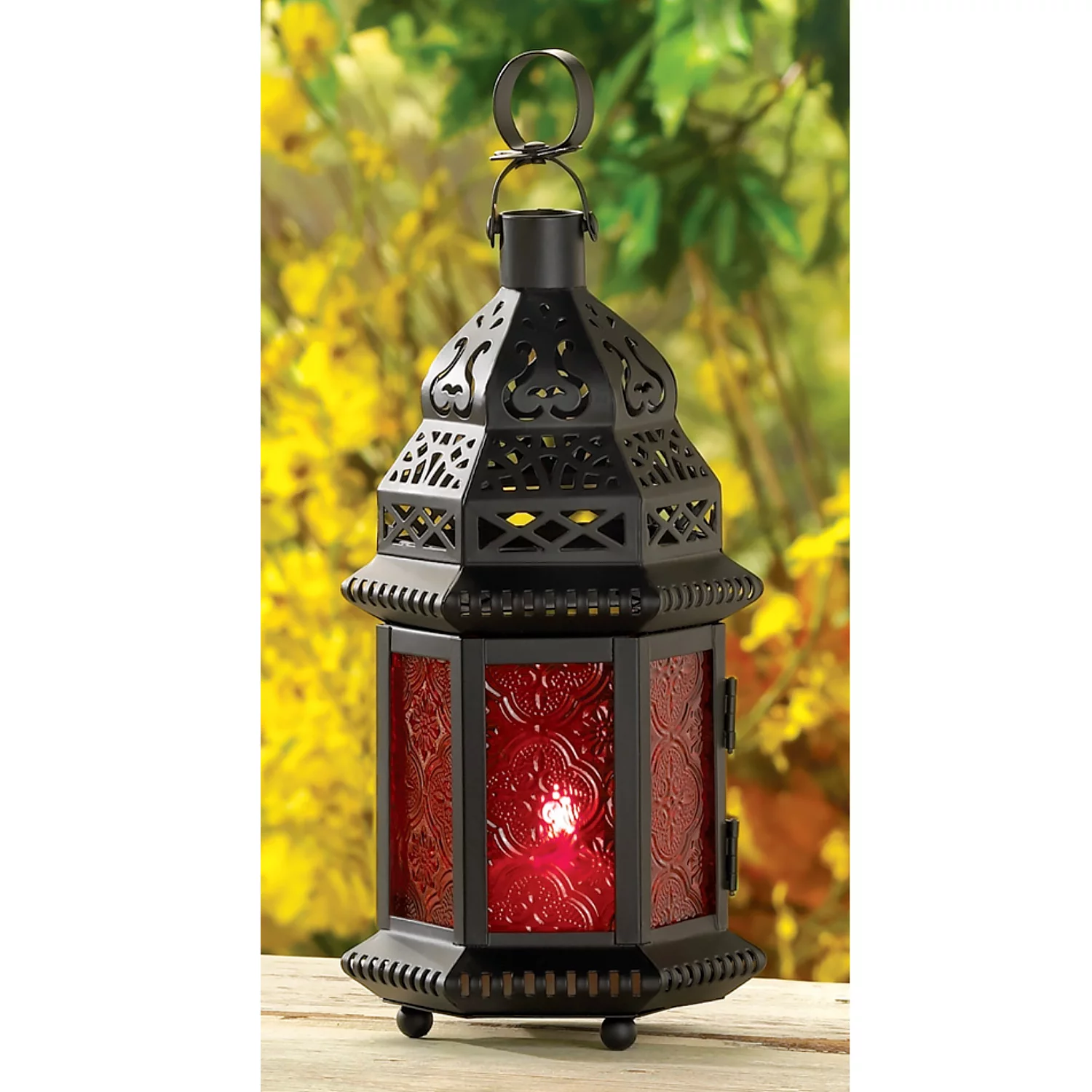 Nahla Ruby Red Glass Moroccan Lantern | Moroccan Lantern Iron Table Lamp | Home Décor Candle Lamp | Hanging Garden Lantern | Gift