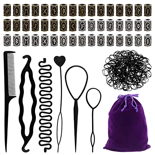 Tanstic 300Pcs Viking Rune Beads Hair Beard Beads Set Norse Hair Beads Dreadlock Beads including 5Pcs Black Pull Hairpin Quick Beader Hairpins and 200Pcs Black Rubber Bands with a Bag for Men Women