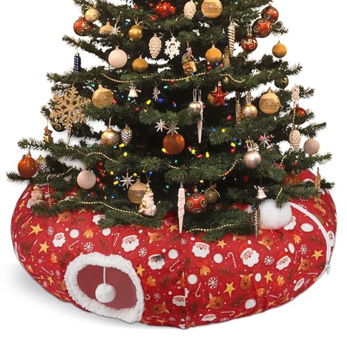 Cat Tunnel Christmas Tree Skirt Cat Tunnel Bed for Indoor Cats Play Donut Tunnel Toys S Shape for Rabbit Ferret (Red)