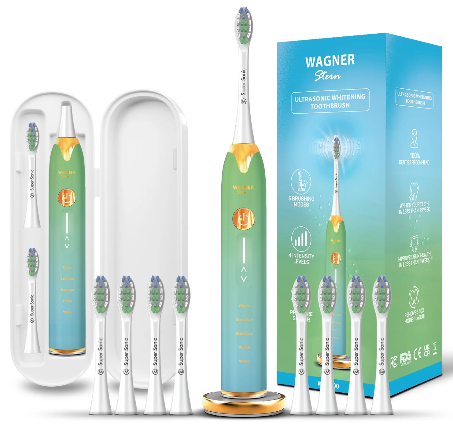 Wagner & Stern Ultrasonic whitening Toothbrush with Pressure Sensor. 5 Brushing Modes and 4 Intensity Levels with 3D Sliding Control, 8 Dupont Bristles, Premium Travel Case. (Blue/Green&nbsp;)