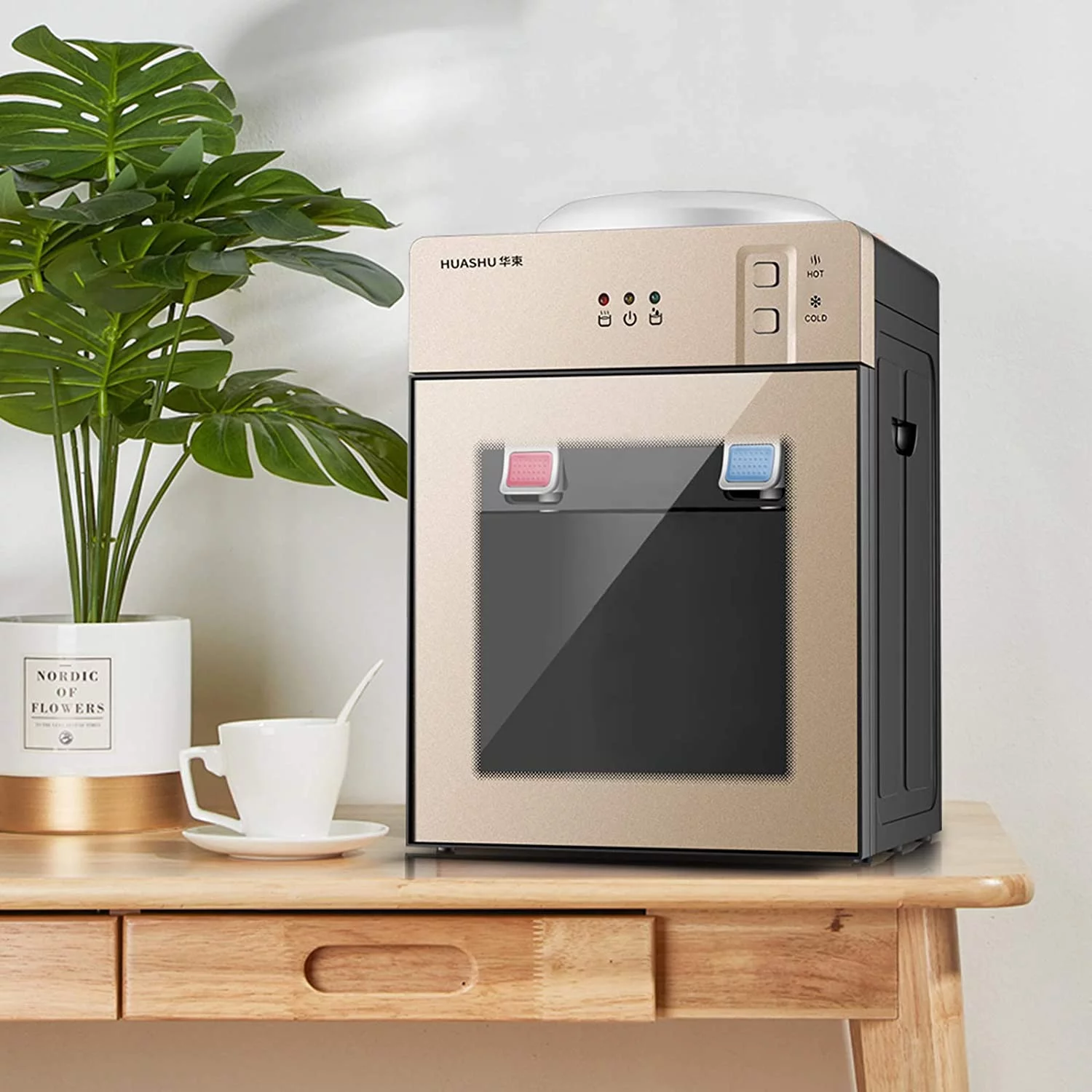 Miumaeov Countertop Hot and Cold Water Dispenser, Mini Refrigerated Desktop Water Dispenser, Hot and Cold Water, Home Office Coffee and Tea Bar 110V (Champagne Gold)