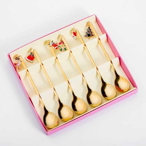 Christmas Stainless Steel Spoons Set of 6 – Holiday Themed Coffee Stirring Spoons, Decorative Gold Dessert Spoons with Christmas Charms – Elegant Christmas Gift for Family and Friends