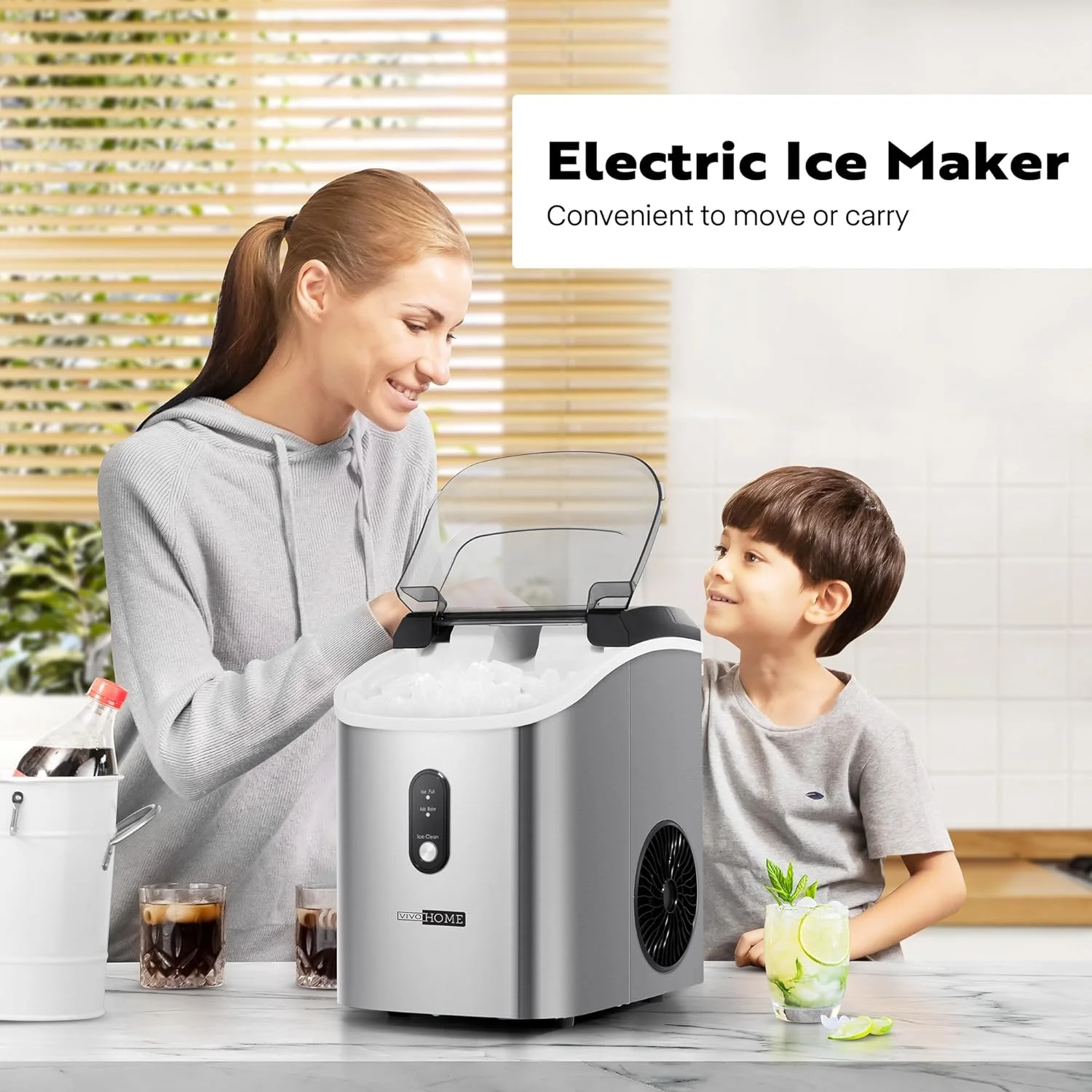 SPECSTAR Nugget Ice Maker Machine, Countertop Ice Cube Maker Machine with Hand Scoop 10 Ice Bags and Self Cleaning Function 33lbs/Day Silver
