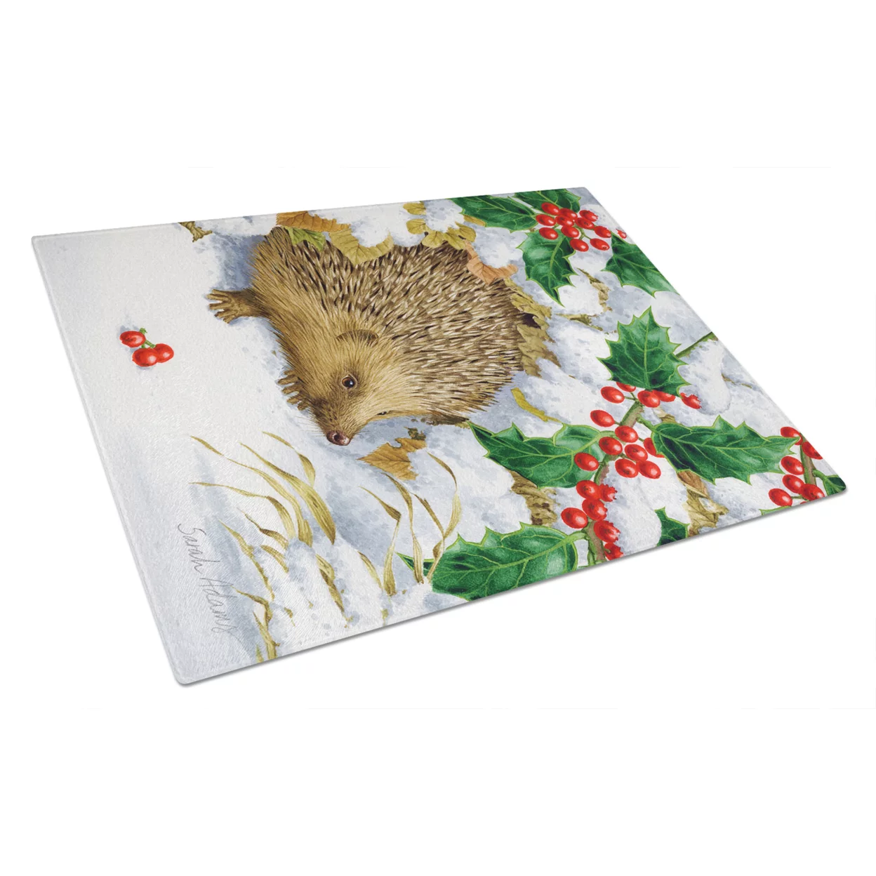 Caroline's Treasures Hedgehog and Holly Glass Cutting Board Large