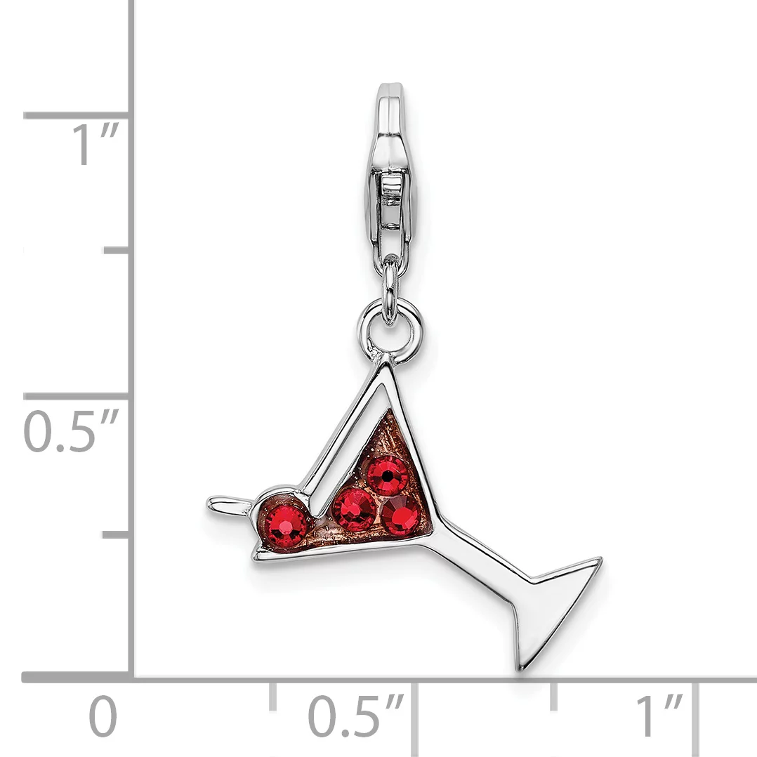 Carat in Karats Sterling Silver Polished Finish Rhodium-Plated Enameled Red Crystal Martini Glass Charm With Fancy Lobster Clasp Pendant (36mm x 18mm) With Sterling Silver Cable Chain Necklace 18''