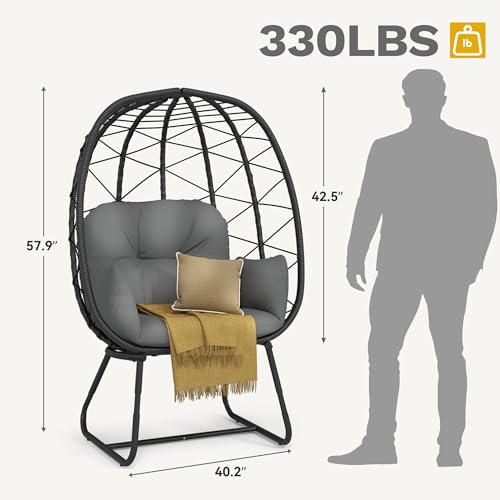 DWVO Egg Chair Patio Rattan Chair with Stand Anti-Slip All-Weather Poratble Adjustable Chair Feet Wicker Egg Lounger Chair for Indoor Outdoor 330LBS (Beige)