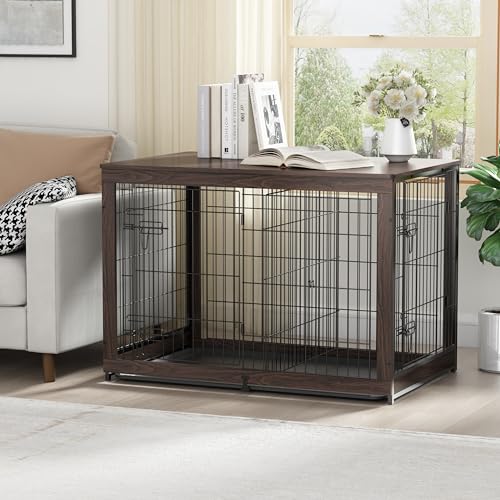 Piskyet Wooden Dog Crate Furniture with Divider Panel, Dog Crate End Table with Fixable Slide Tray, Double Doors Dog Kennel Indoor for Dogs(L:37.8