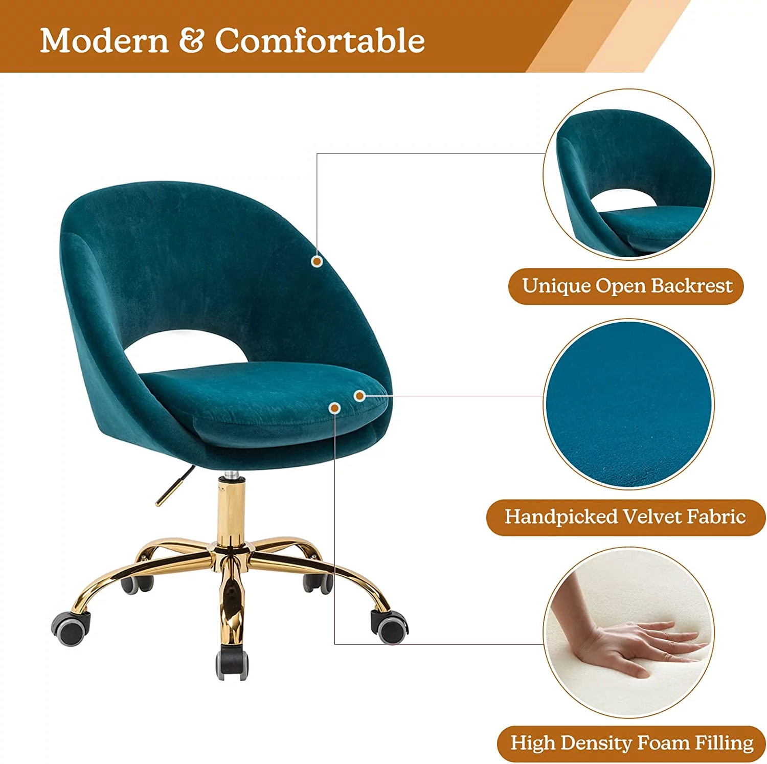 Modern Velvet Office Desk Chair Adjustable Swivel Upholstered Open Back Living Room Vanity Teal