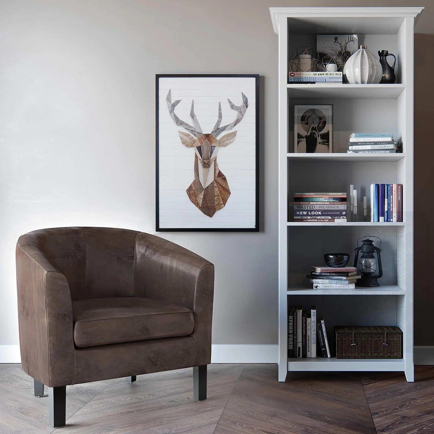 Austin 30 Inch Wide Contemporary Tub Chair In Faux Air Leather In Distressed Brown, With High Density Foam, SOLID WOOD Legs, Simple Assembly, Just Attach Legs