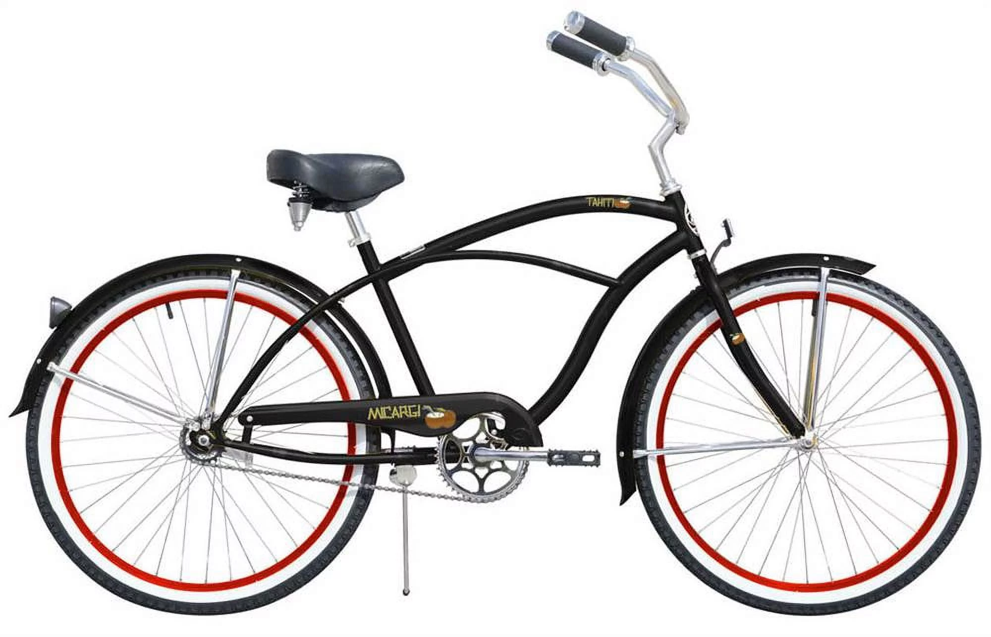 Micargi TAHITI 26" Beach Cruiser Coaster Brake Stainless Steel Spokes One Piece Crank Alloy Red Rims 36H With Fenders Color: Black/ Red