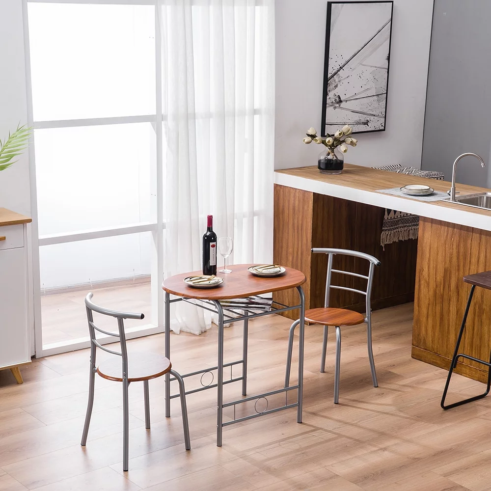 3PCS Dining Table Set 2 Chairs Wood Metal Kitchen Breakfast Living Room Furniture