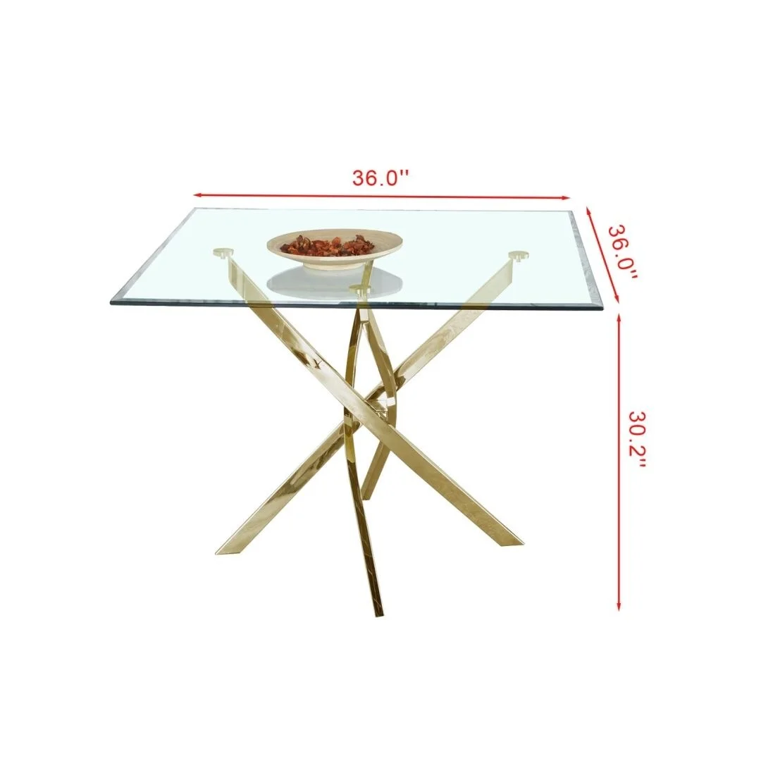 Contemporary Square Dining Tempered Glass Table with Stainless Steel Legs gold